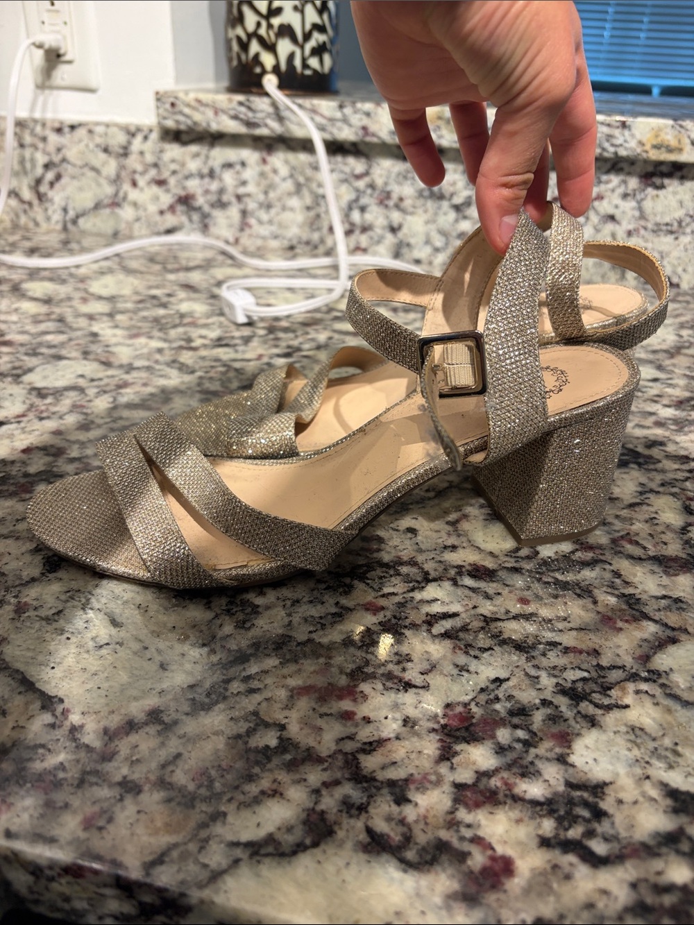 Glitter Block Heel Sandals in Gold